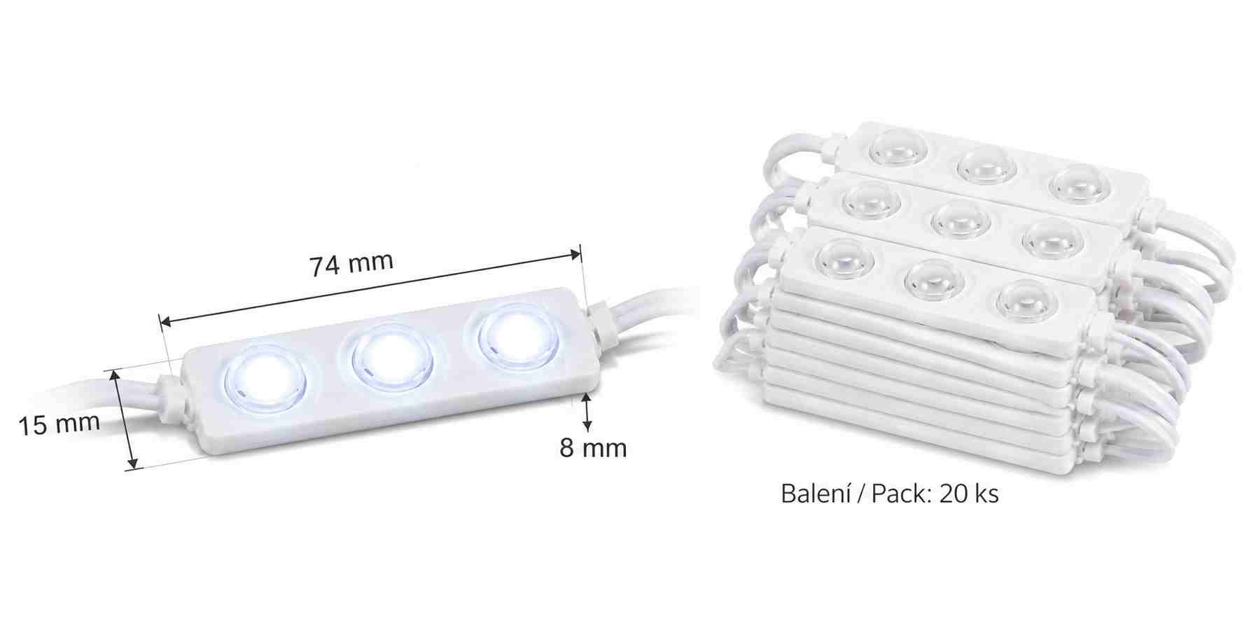 Rozměry LED modulu 7415 délka 74mm šířka 15mm výška 8mm v balení 20 kusů se zárukou 5 let